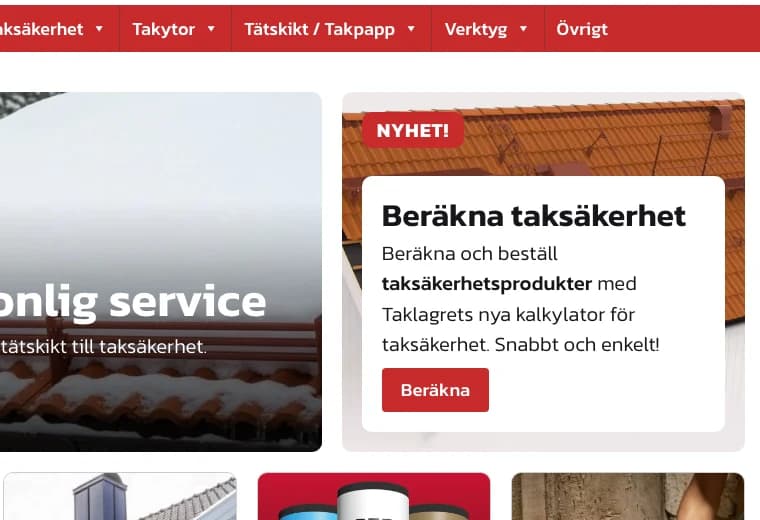 Taklagrets webbshop med produktkategorier och kampanjer